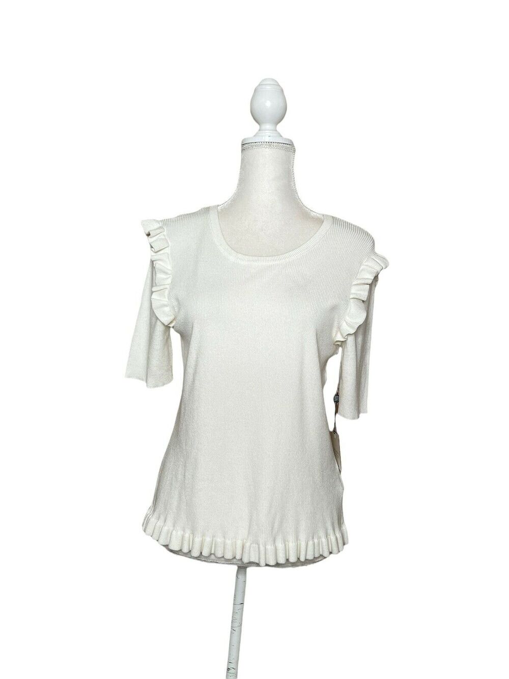Laundry Shelli Segal Marshmallow Ruffle Knit Sweater Top XL Ivory Short Sleeve